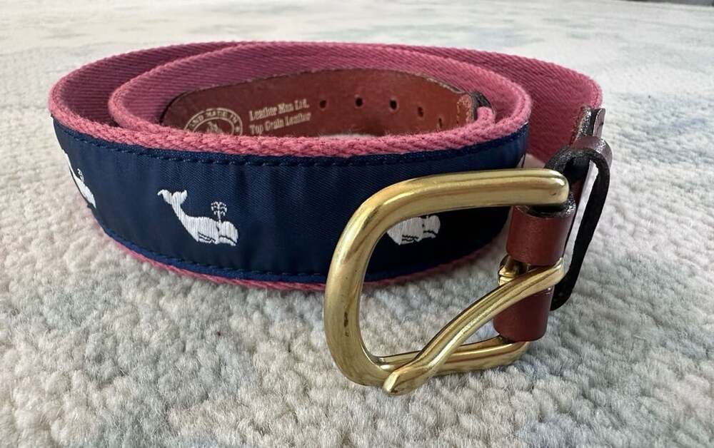 Leather Man Ltd. Size 38 Ribbon Belt white spouting Whales Solid Brass Buckle